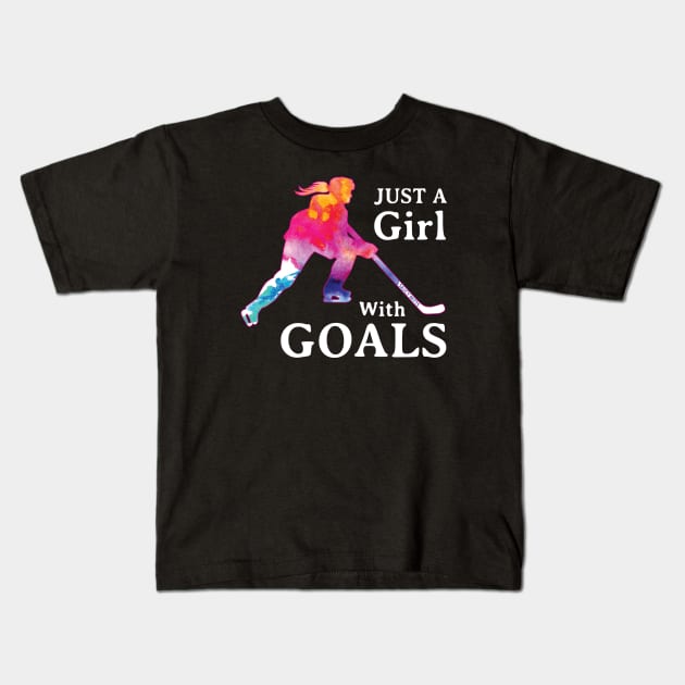 Just a Girl With Goals Hockey Watercolor Kids T-Shirt by SaucyMittsHockey